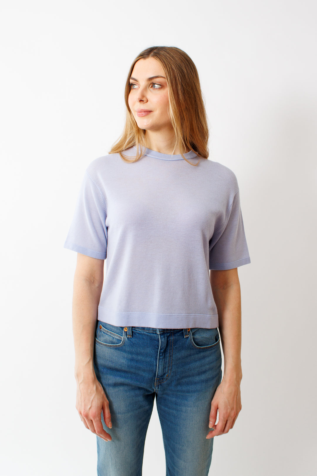 Mari wearing White + Warren Superfine Cashmere Blend TShirt front view
