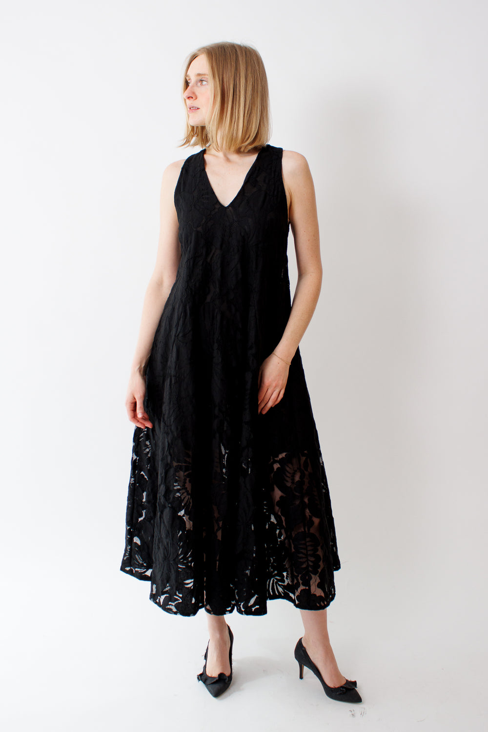 Madi wearing Meimeij Sleeveless Sheer Mesh Floral Lace Dress front view