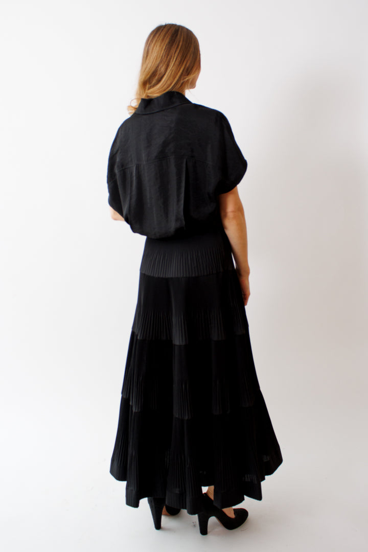 Mari wearing Meimeij Tiered Pleated Full Skirt rear view
