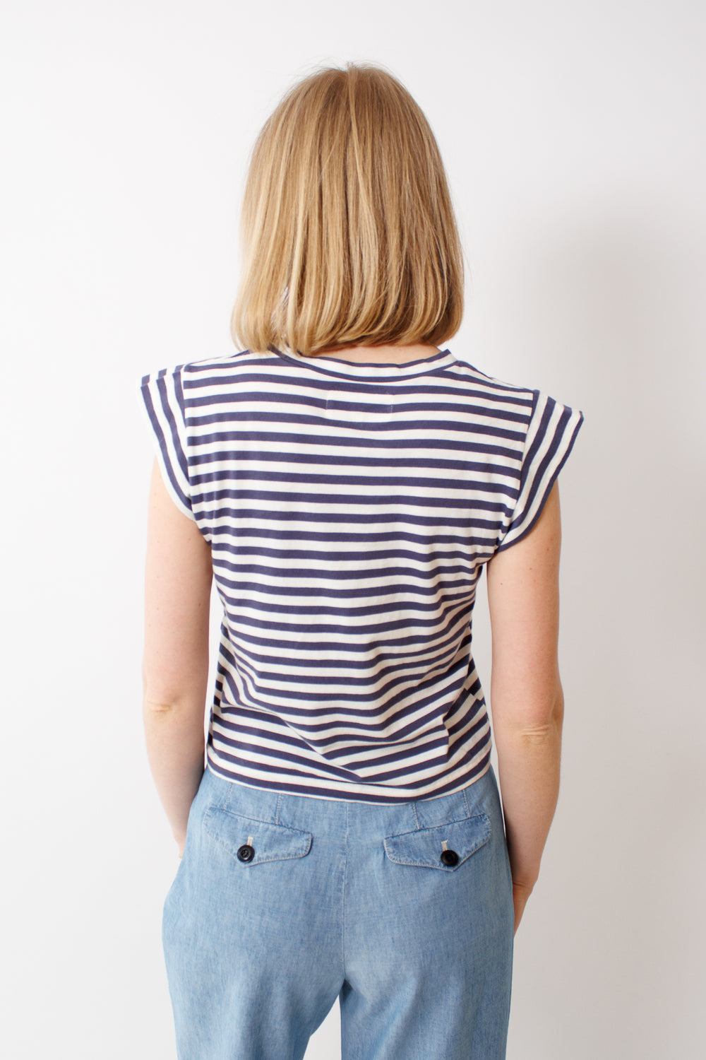 Madi wearing The Great The Peak Shoulder Tee rear view