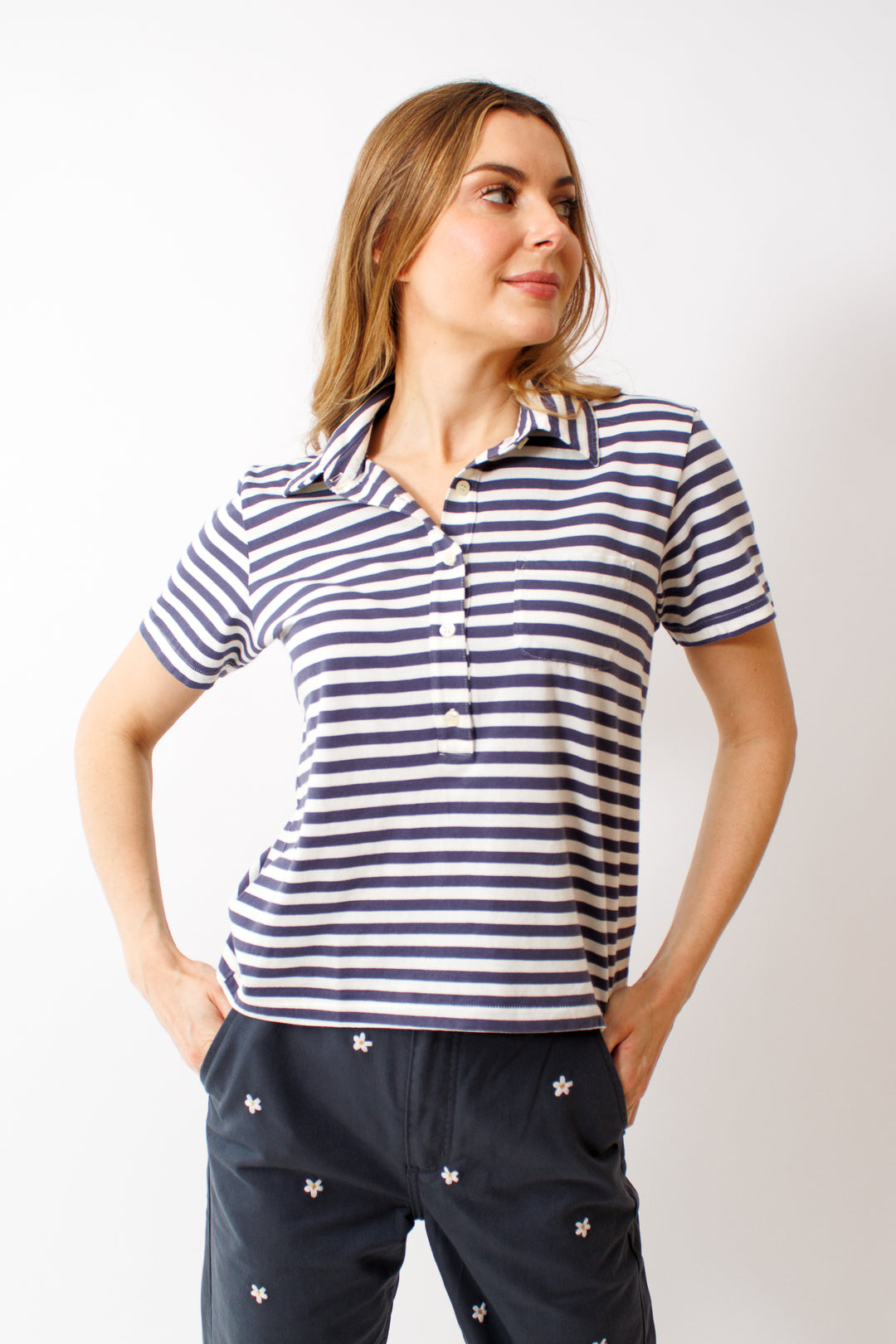Mari wearing The Great The Lacrosse Polo front view 