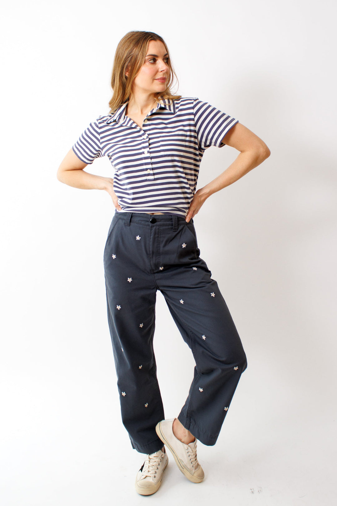 Mari wearing The Great The Garage Pant With Daisy Embroidery front view