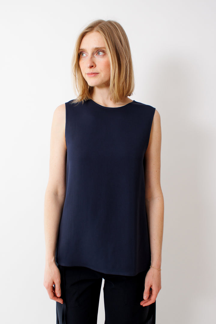 Madi wearing Seventy Stretch Viscose Crepe Cady Top front view