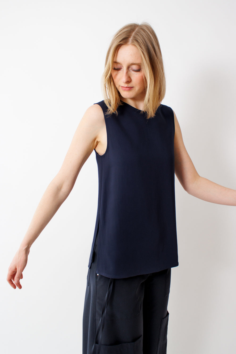 Madi wearing Seventy Stretch Viscose Crepe Cady Top front view