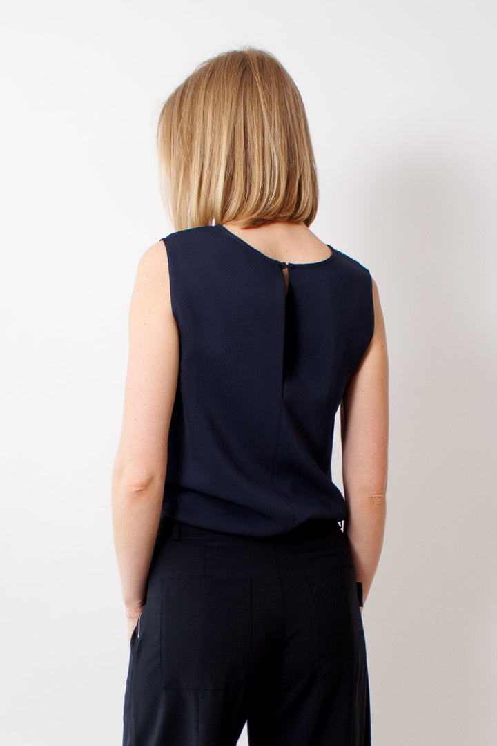 Madi wearing Seventy Stretch Viscose Crepe Cady Top rear view