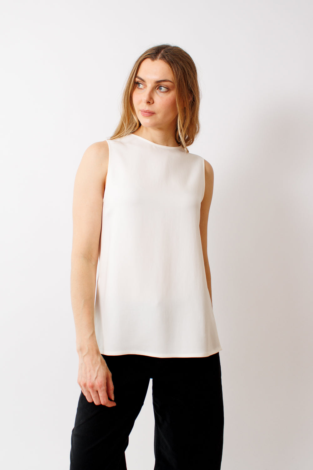 Mari wearing Seventy Stretch Viscose Crepe Cady Top front view