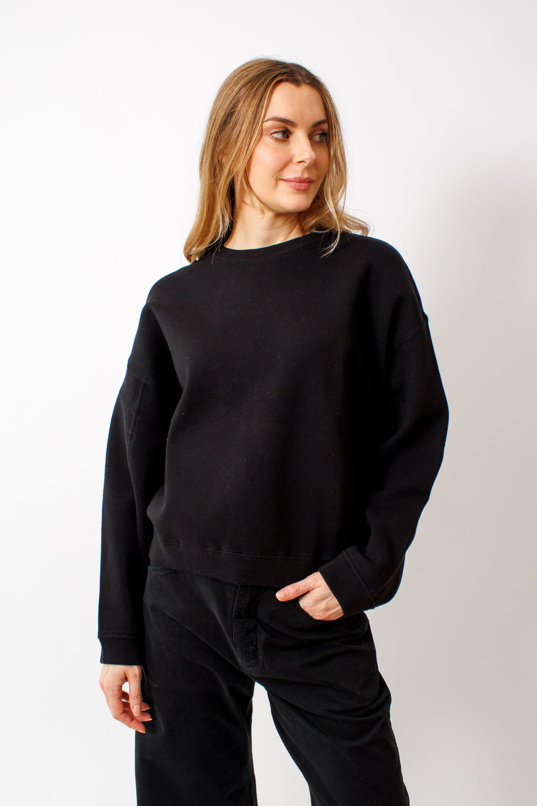 Mari wearing White + Warren Superfine Organic Cotton Easy Sweatshirt front view