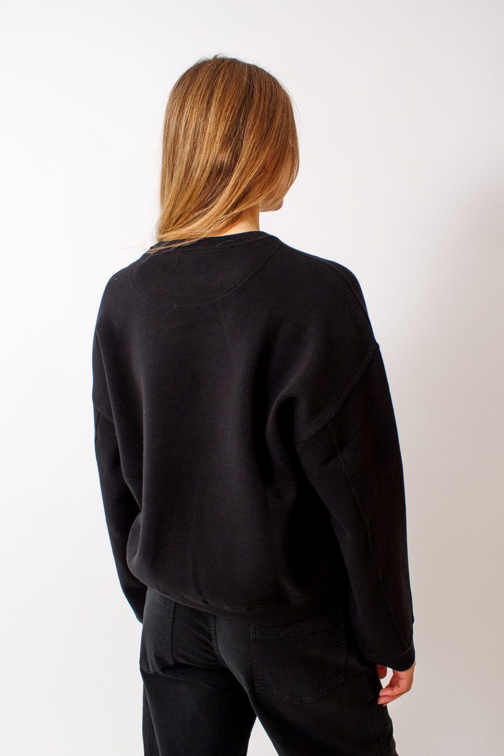 Mari wearing White + Warren Superfine Organic Cotton Easy Sweatshirt rear view