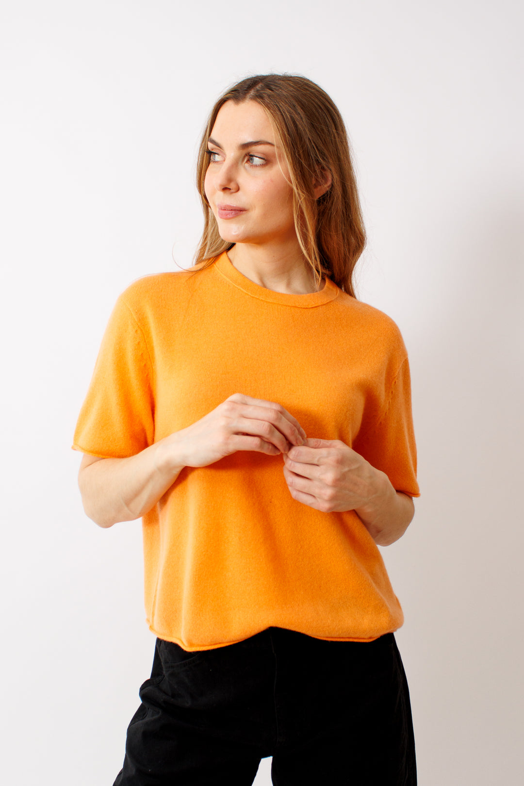 Mari wearing White + Warren Cashmere Roll Trim TShirt front view 
