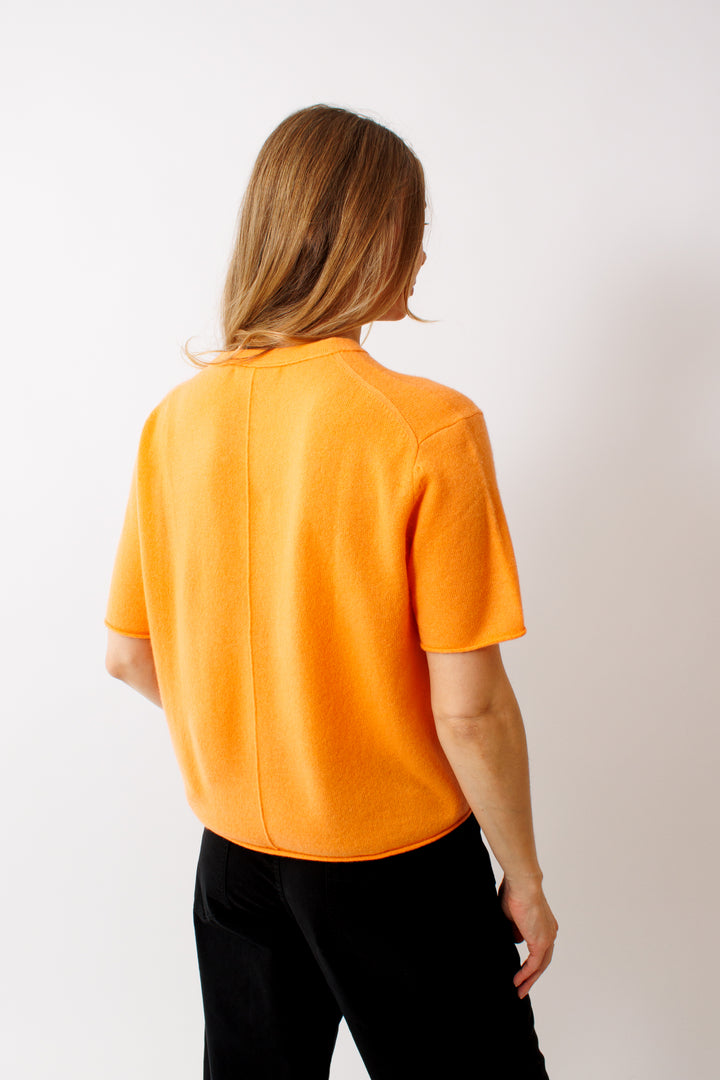 Mari wearing White + Warren Cashmere Roll Trim TShirt rear view 