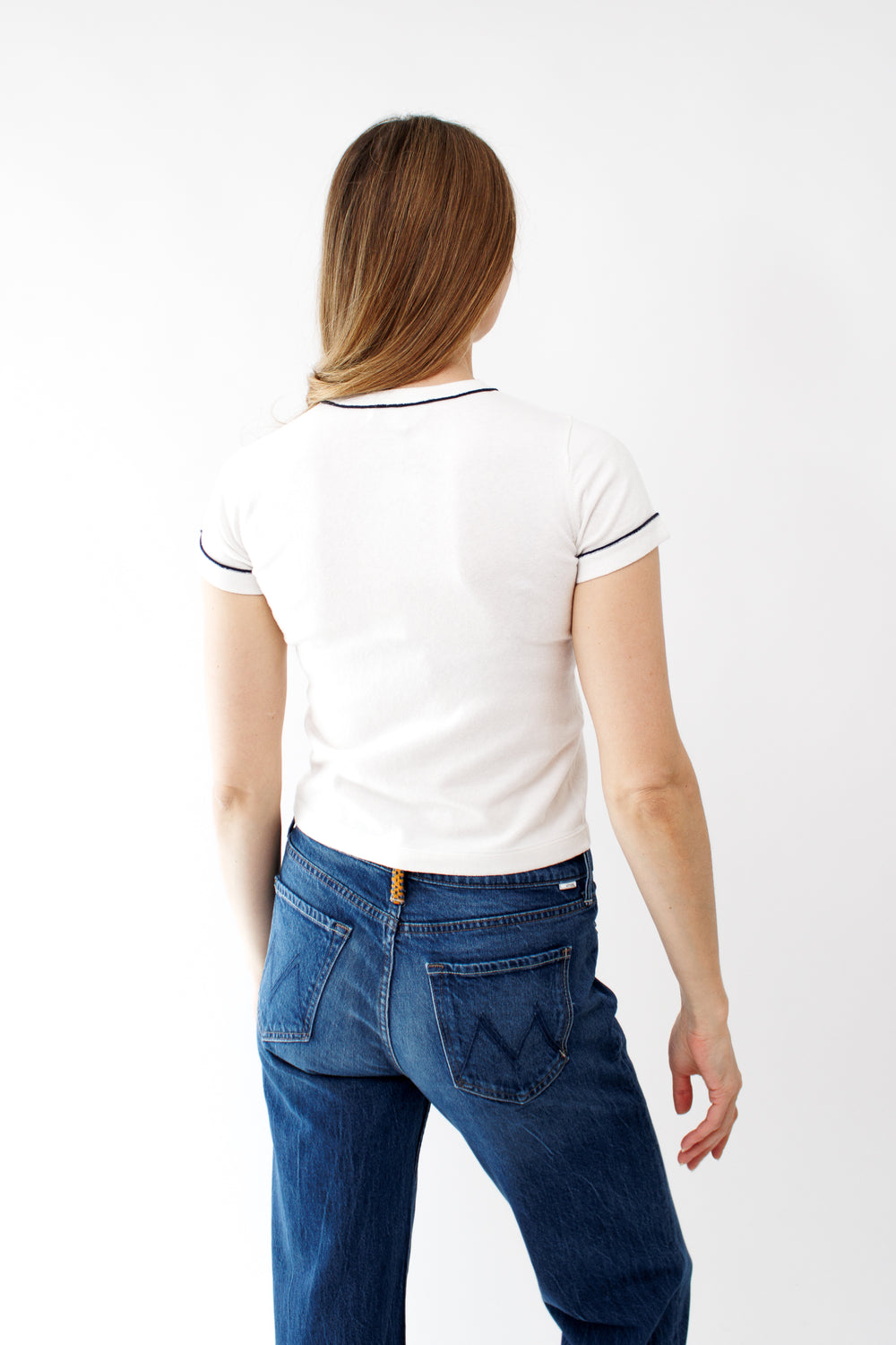 Mari wearing White + Warren Fine Cotton Blend Baby Tee rear view