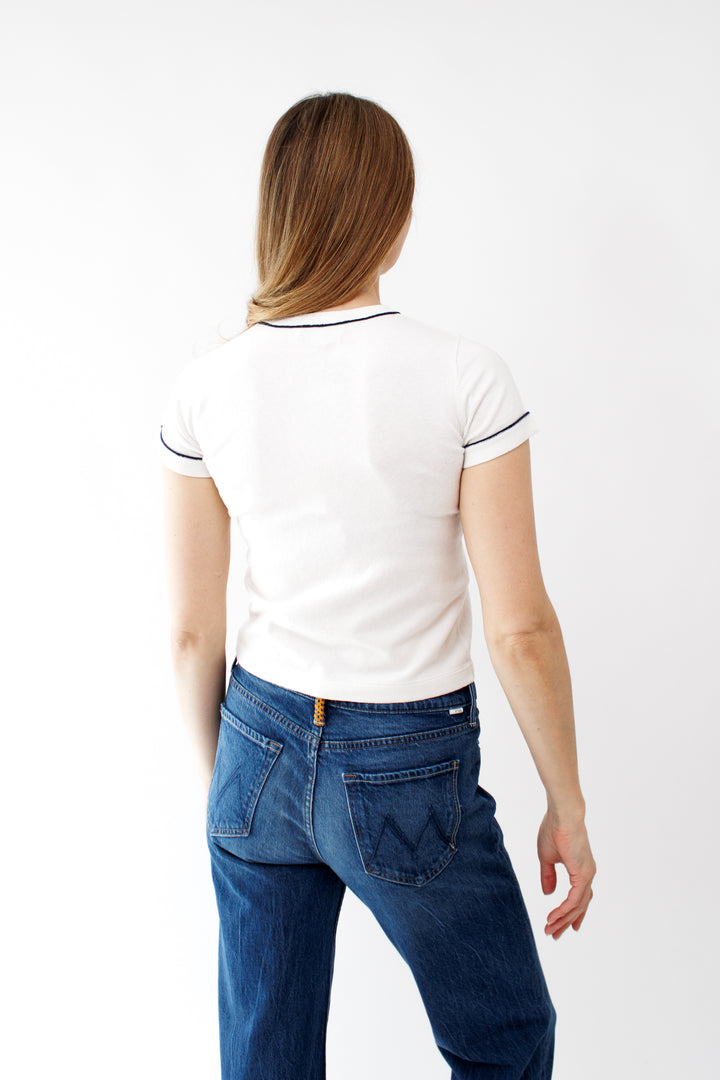 Mari wearing White + Warren Fine Cotton Blend Baby Tee rear view