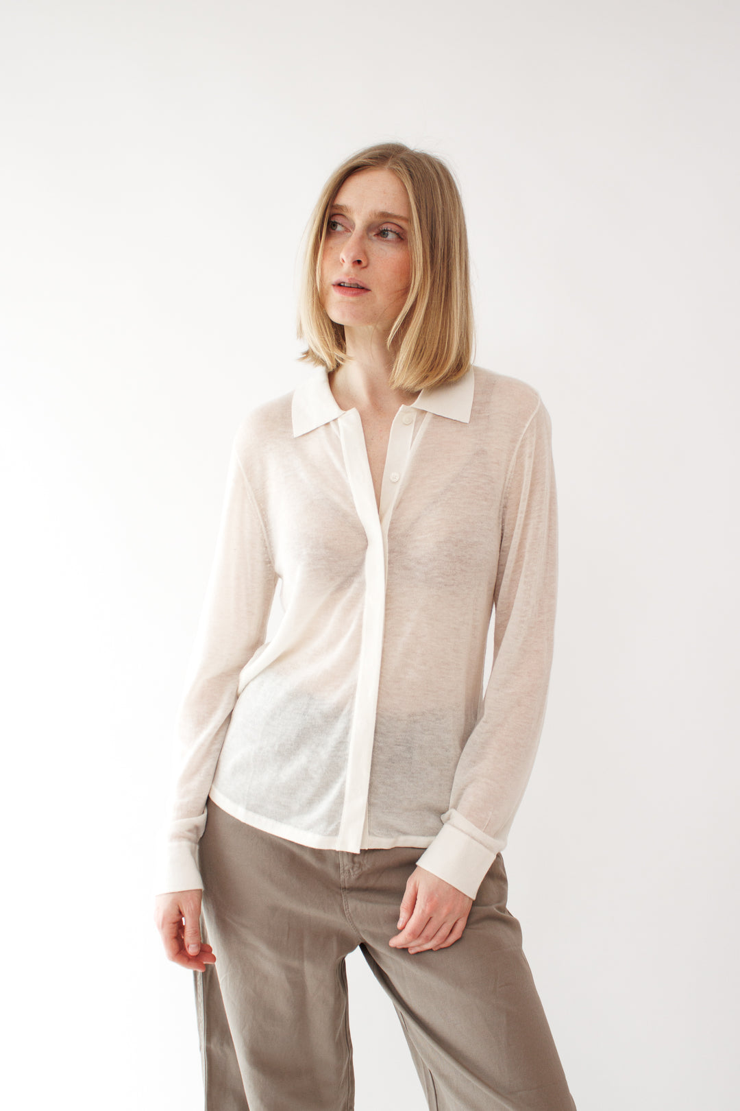 Madi wearing White + Warren Superfine Cashmere Blend Button Down Shirt front view 