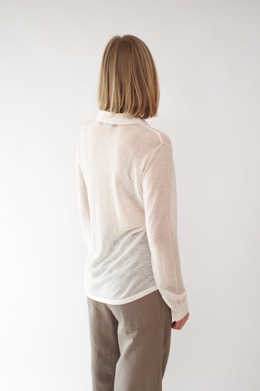 Madi wearing White + Warren Superfine Cashmere Blend Button Down Shirt rear view 