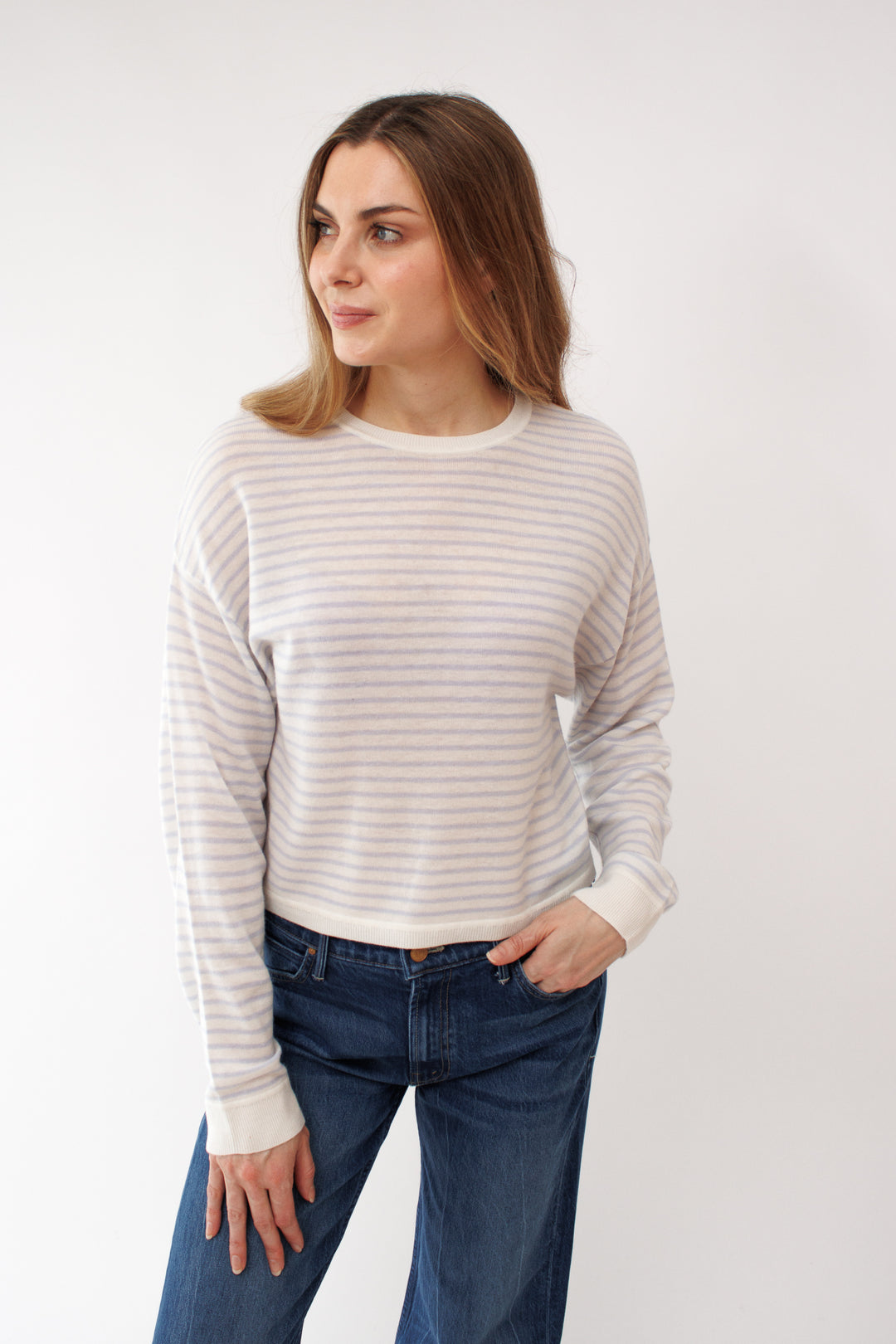 Mari wearing White + Warren Superfine Cashmere Blend Striped Sweatshirt front view