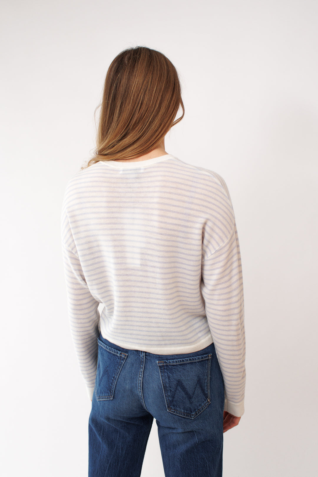 Mari wearing White + Warren Superfine Cashmere Blend Striped Sweatshirt rear view