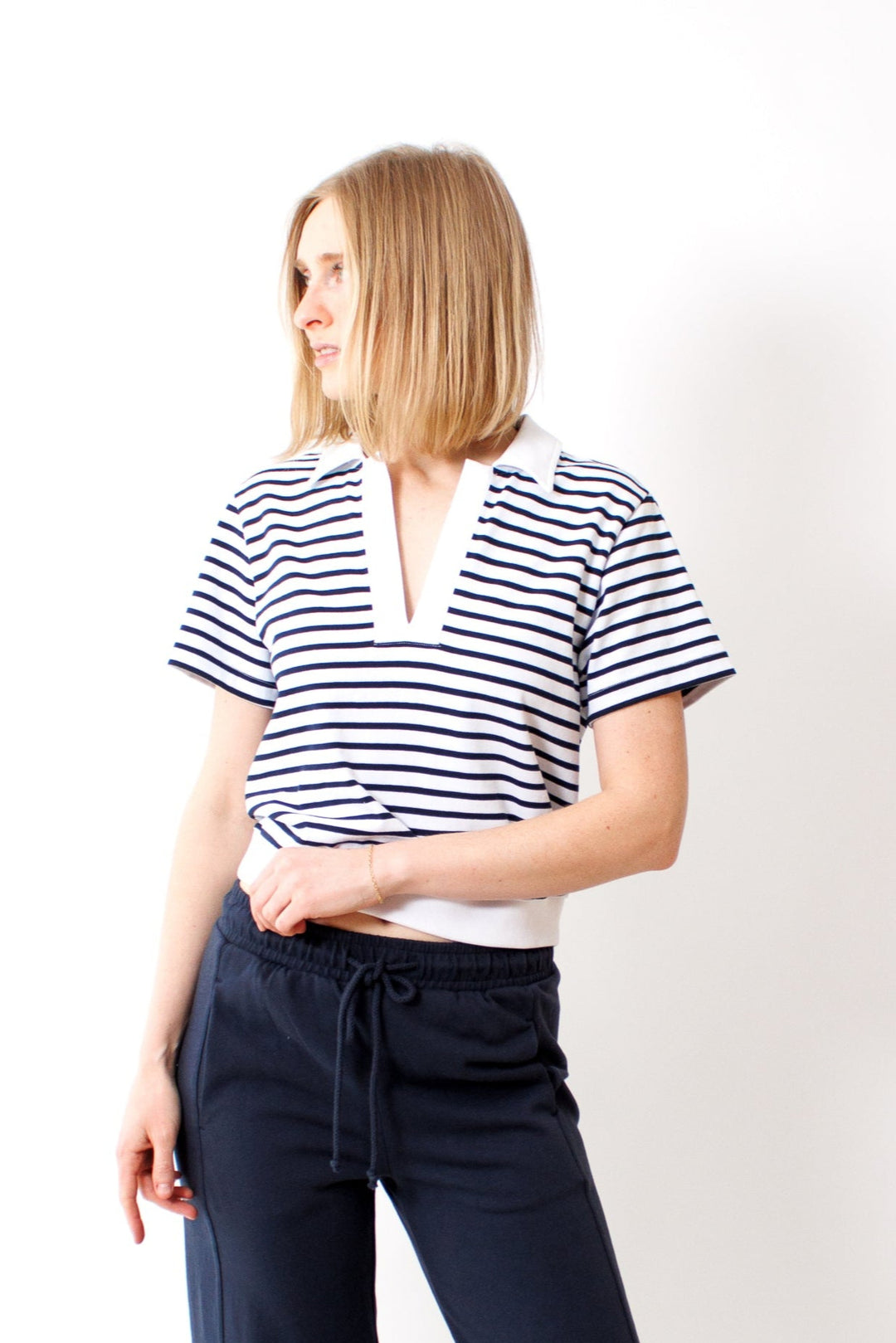 Madi wearing Lilla P Polo Popover Top front view