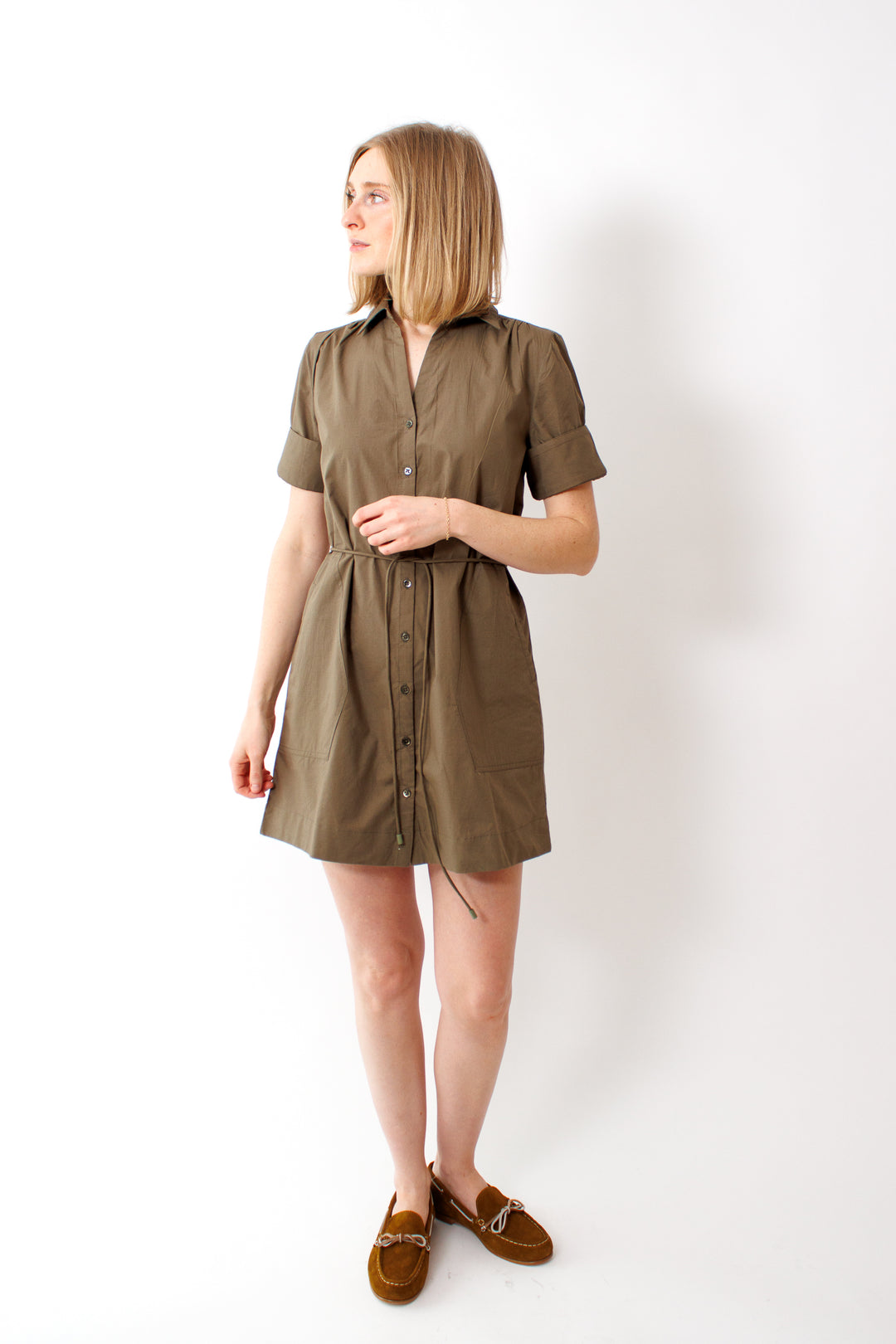 Madi wearing Lilla P Shirred Sleeve Shirt Dress front view