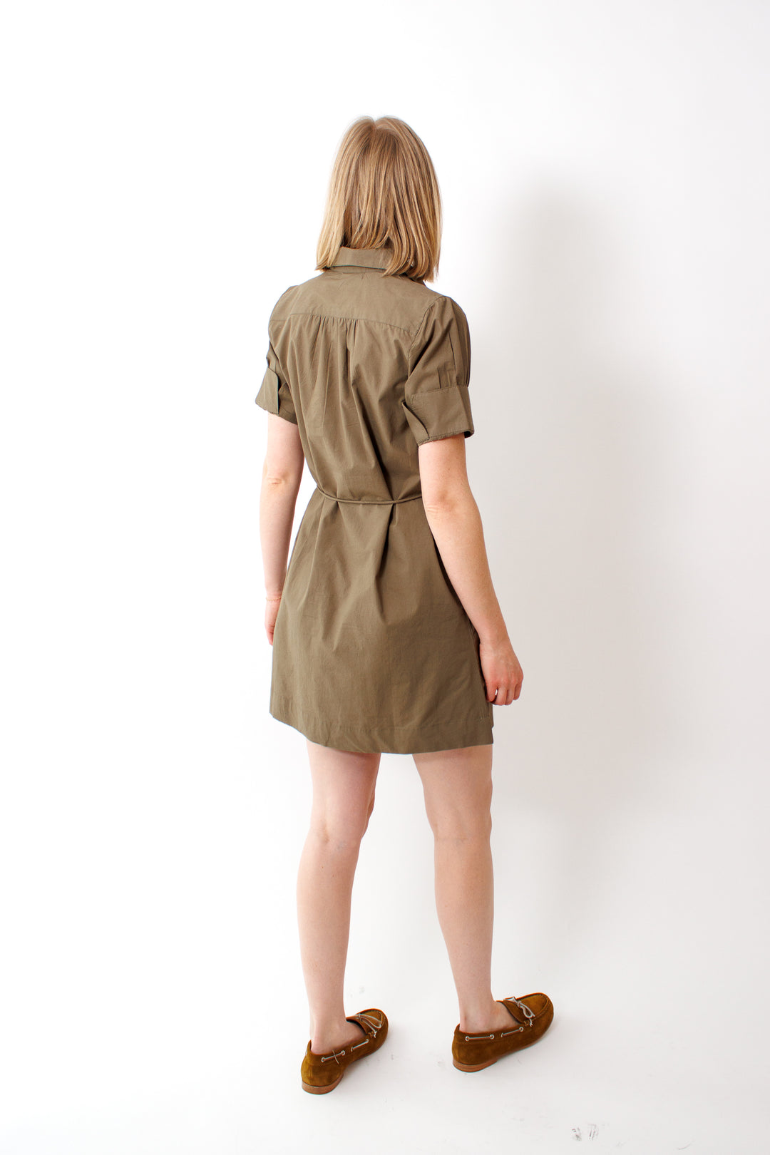 Madi wearing Lilla P Shirred Sleeve Shirt Dress rear view
