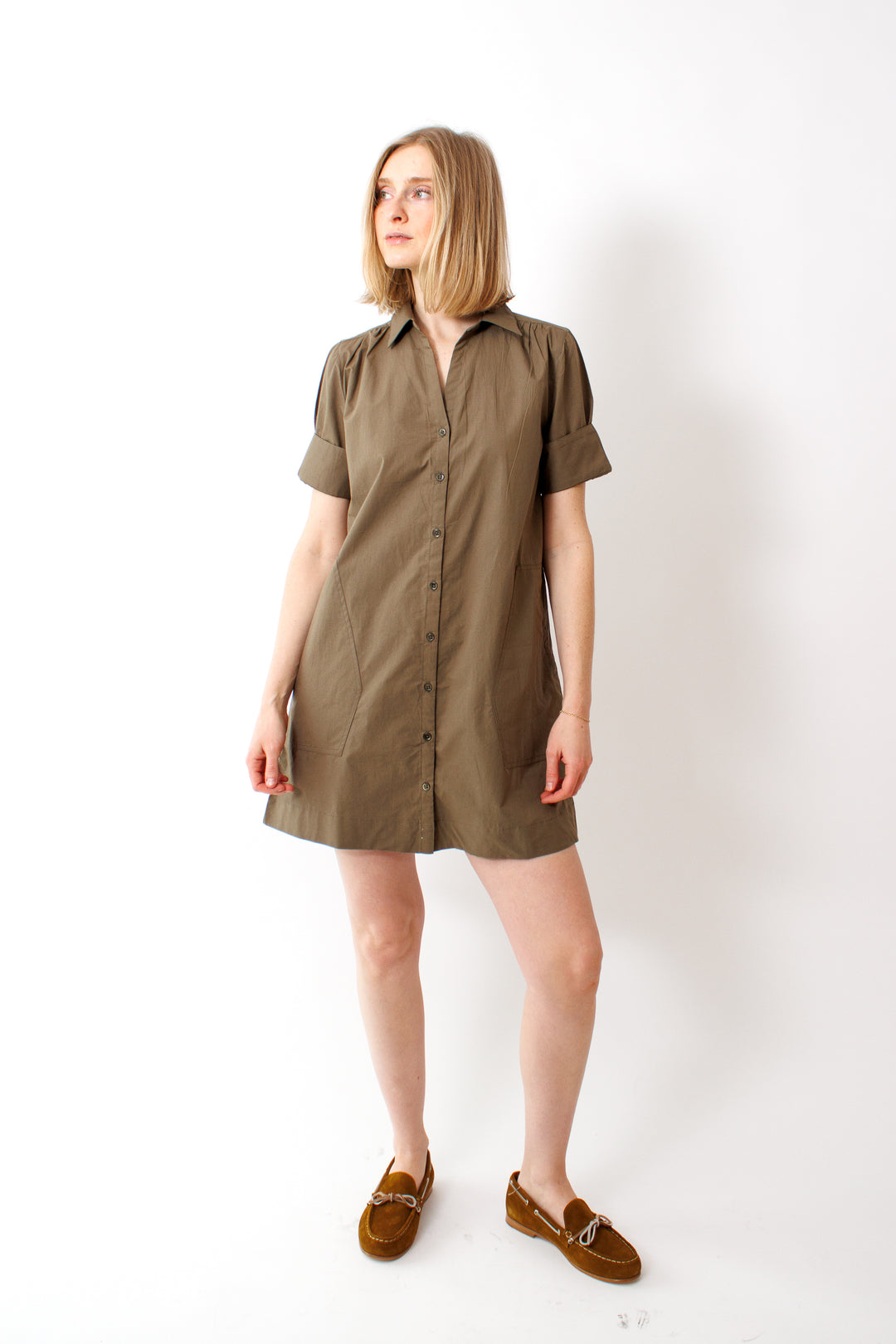 Madi wearing Lilla P Shirred Sleeve Shirt Dress front view