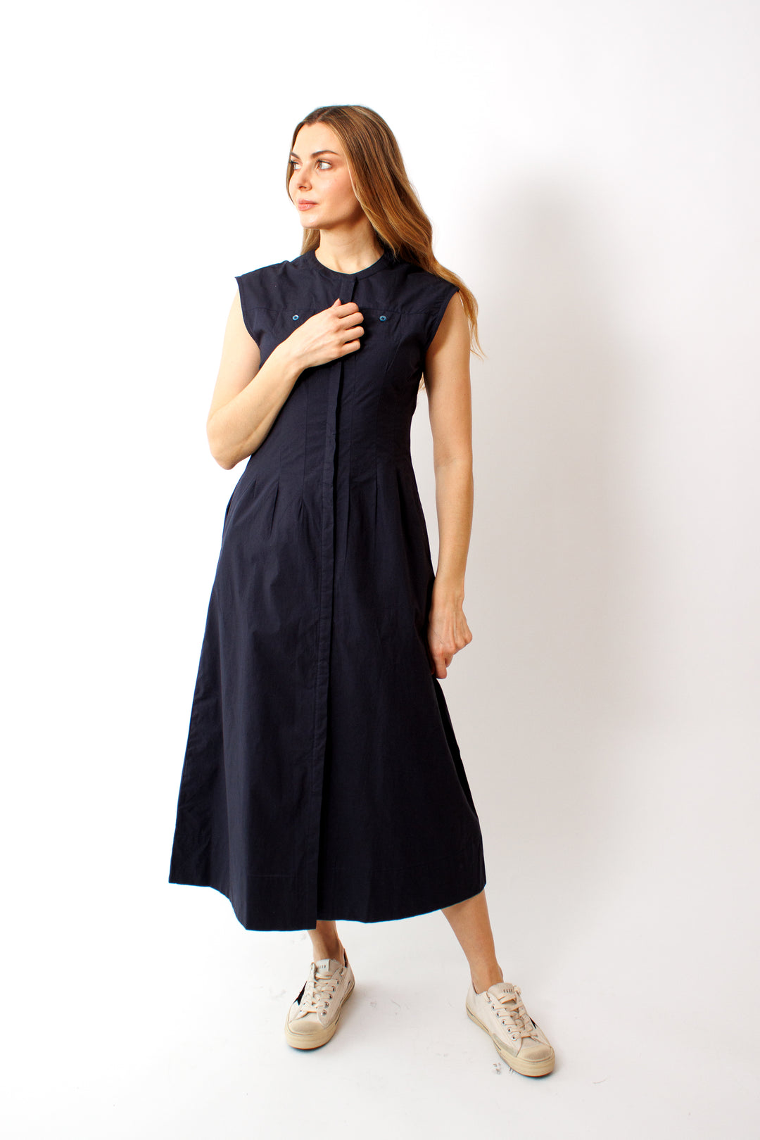 Mari wearing Lilla P Sleeveless Seamed Maxi Dress front view