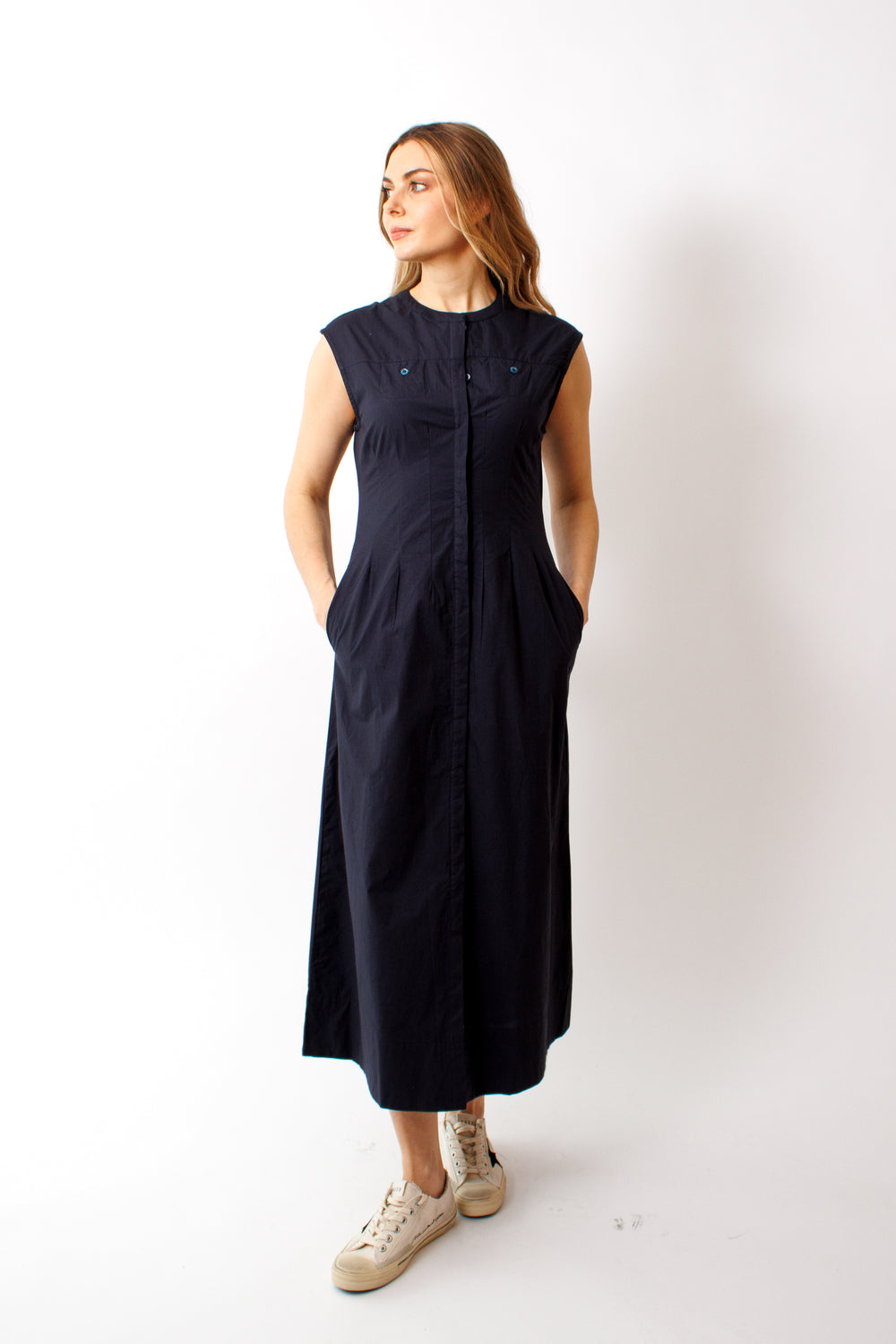 Mari wearing Lilla P Sleeveless Seamed Maxi Dress front view
