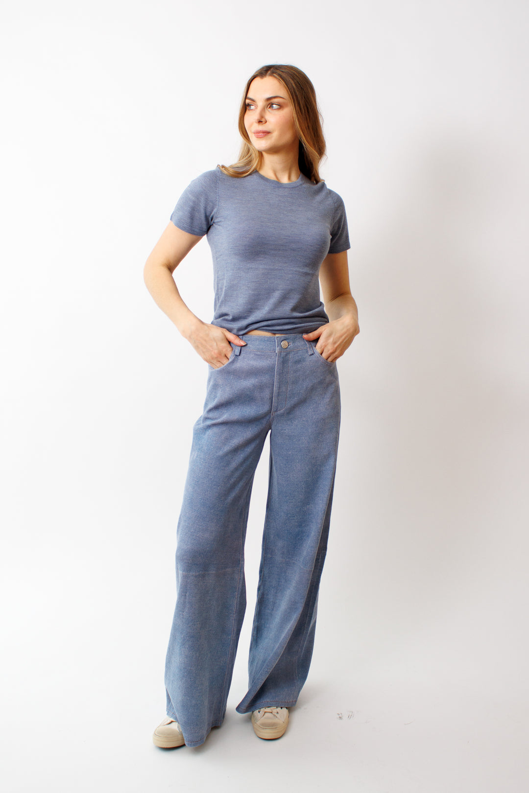 Mari wearing SPRWMN 5 Pocket Mid Rise Wide Leg front view 