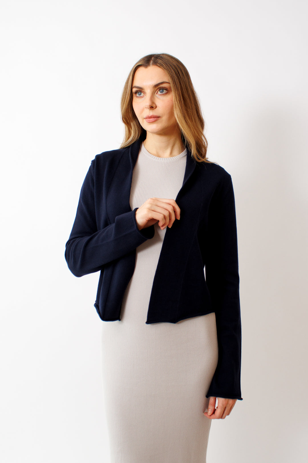 Mari wearing Lars Andersson Peplum Jacket w/ Button front view