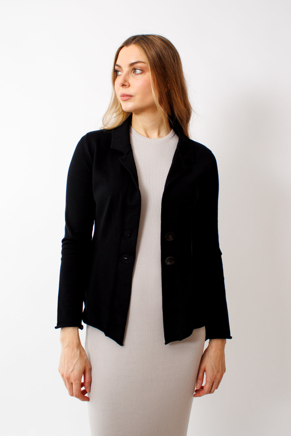 Mari wearing Lars Andersson Peplum Jacket w/ Button front view