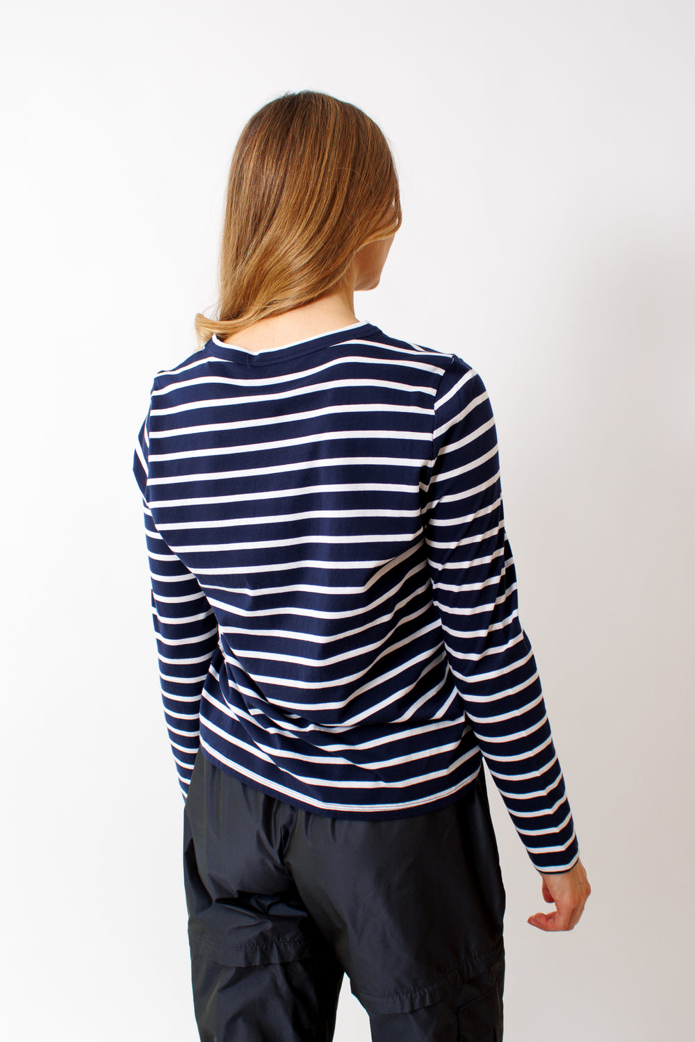 Mari wearing Allude Long Sleeve Striped Cotton Tee rear view