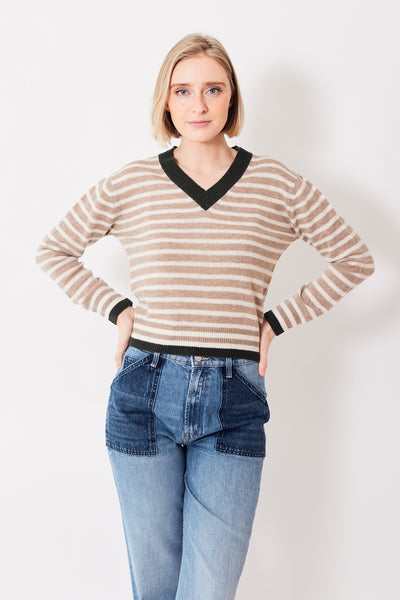 Madi wearing Jumper 1234 Tipped Stripe Vee front view