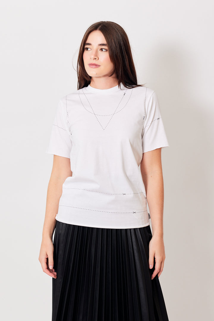 Julia wearing MM6 Maison Margiela Cut Here Cotton Jersey T-Shirt front view