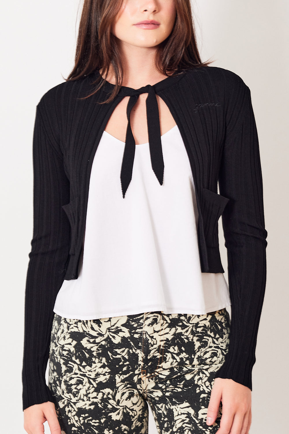 Julia wearing Ganni Light Viscose Rib Cardigan front view