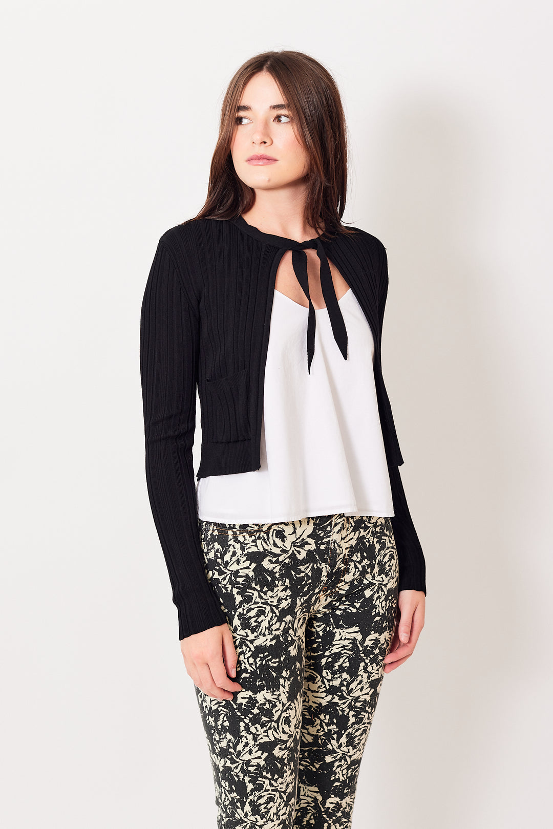 Julia wearing Ganni Light Viscose Rib Cardigan front view