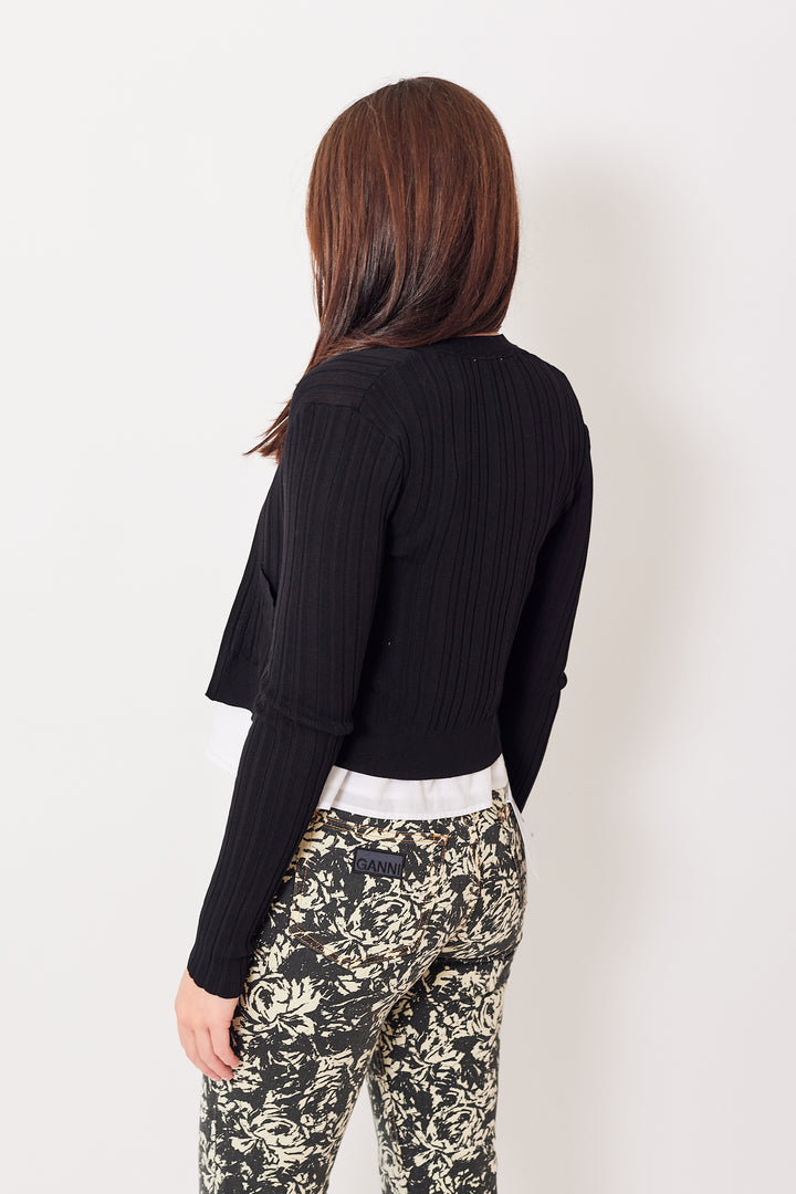 Julia wearing Ganni Light Viscose Rib Cardigan rear view