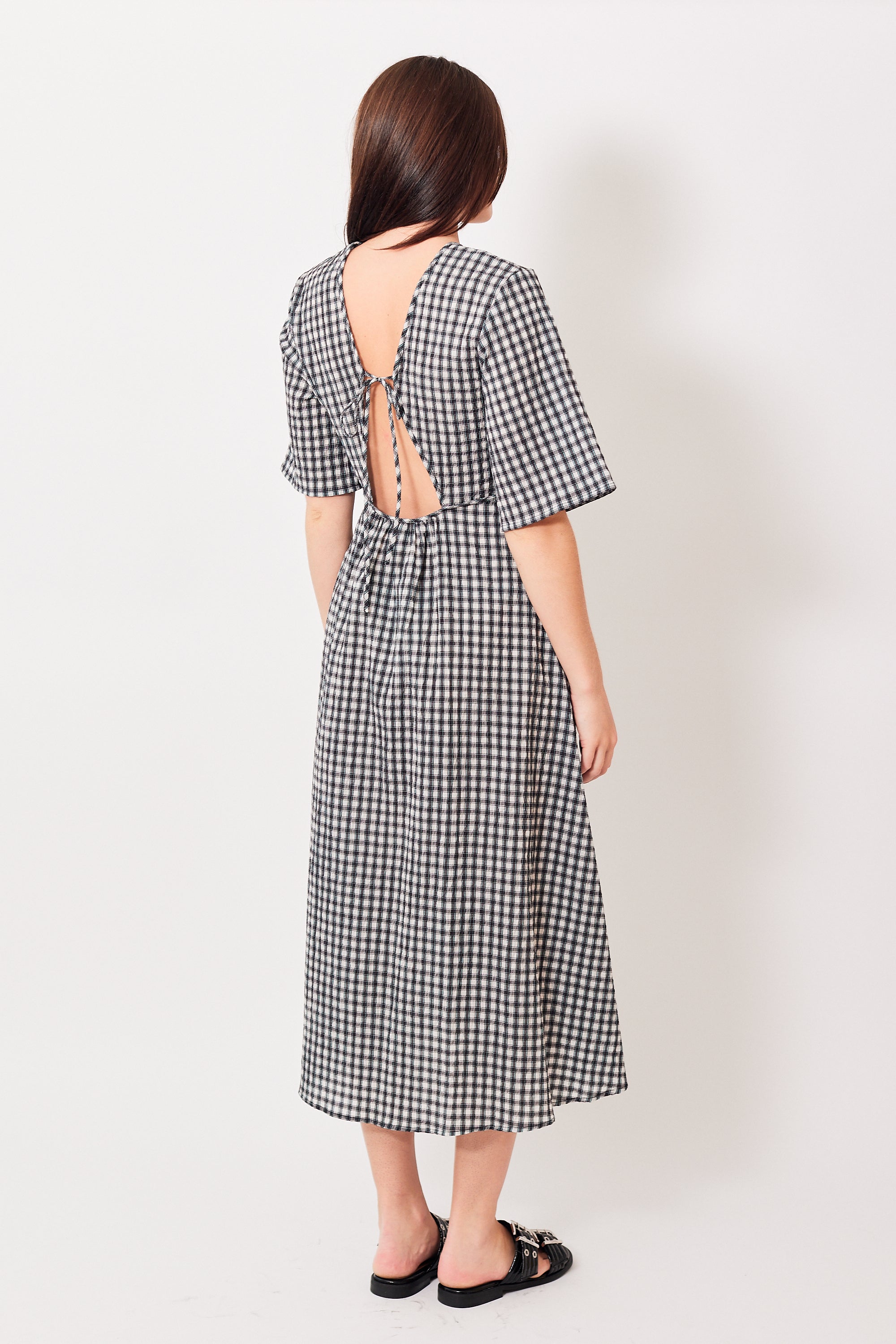 Ganni Seersucker Check V Neck Dress Black