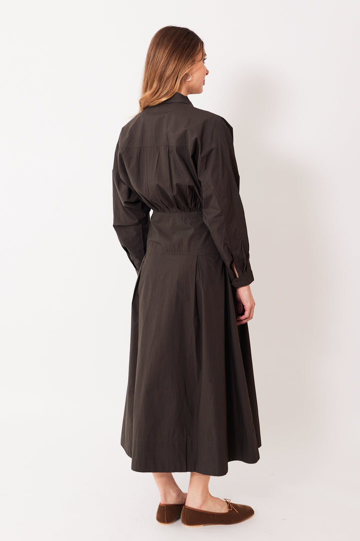 Mari wearing Apiece Apart Pietra Maxi Shirt Dress rear view