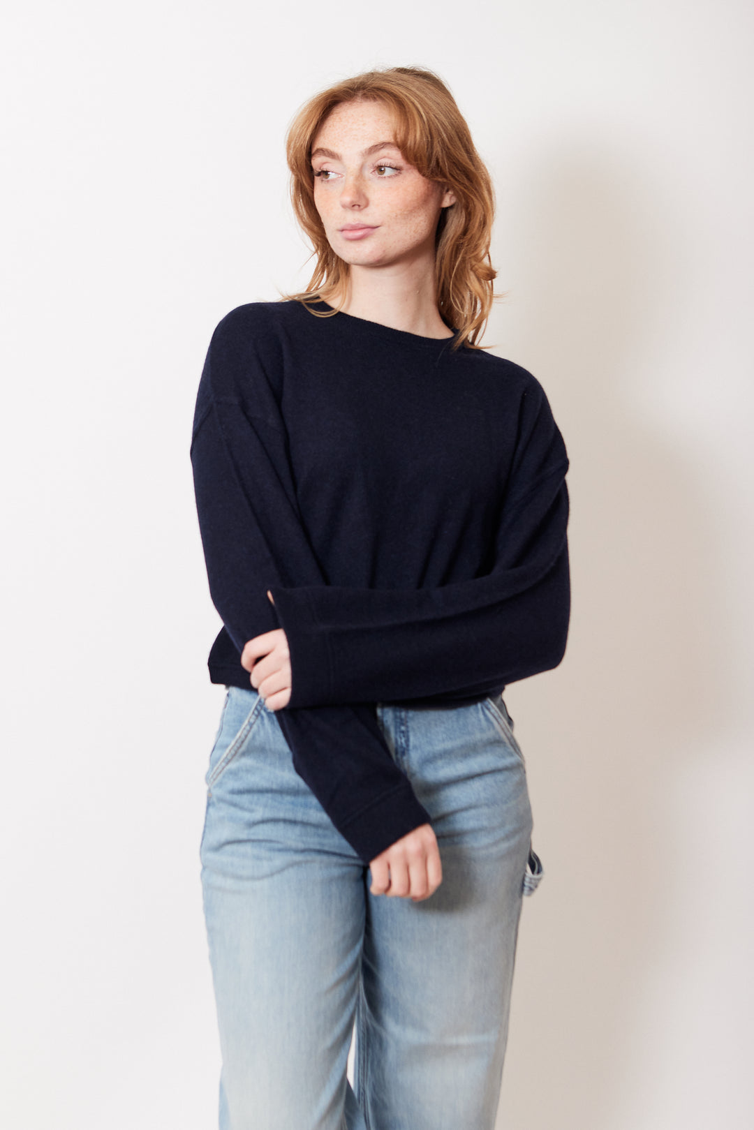 Waverly wearing White + Warren Cashmere Mini Heart Sweatshirt front view