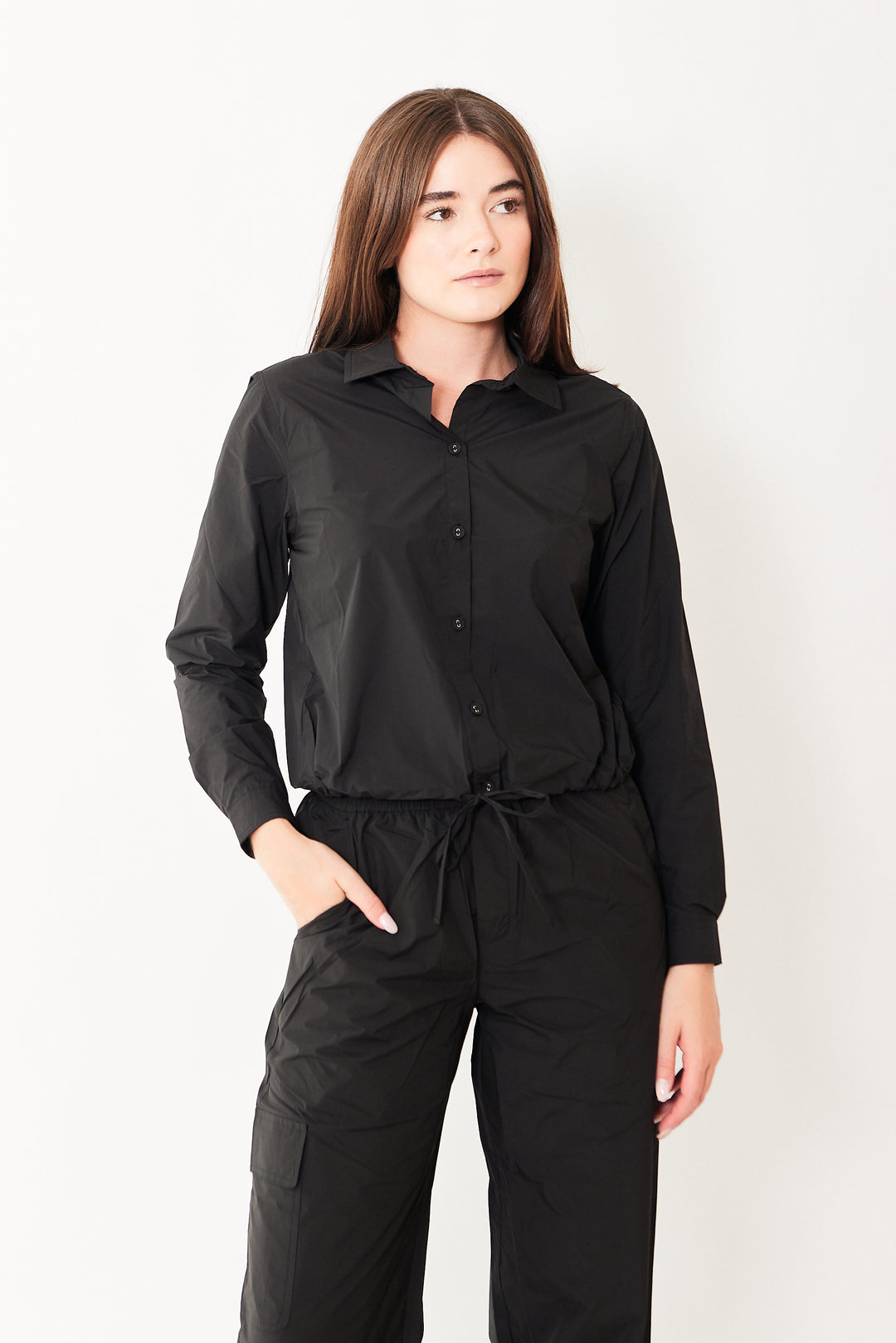 Julia wearing Lilla P Nylon Drawstring Button Down front view