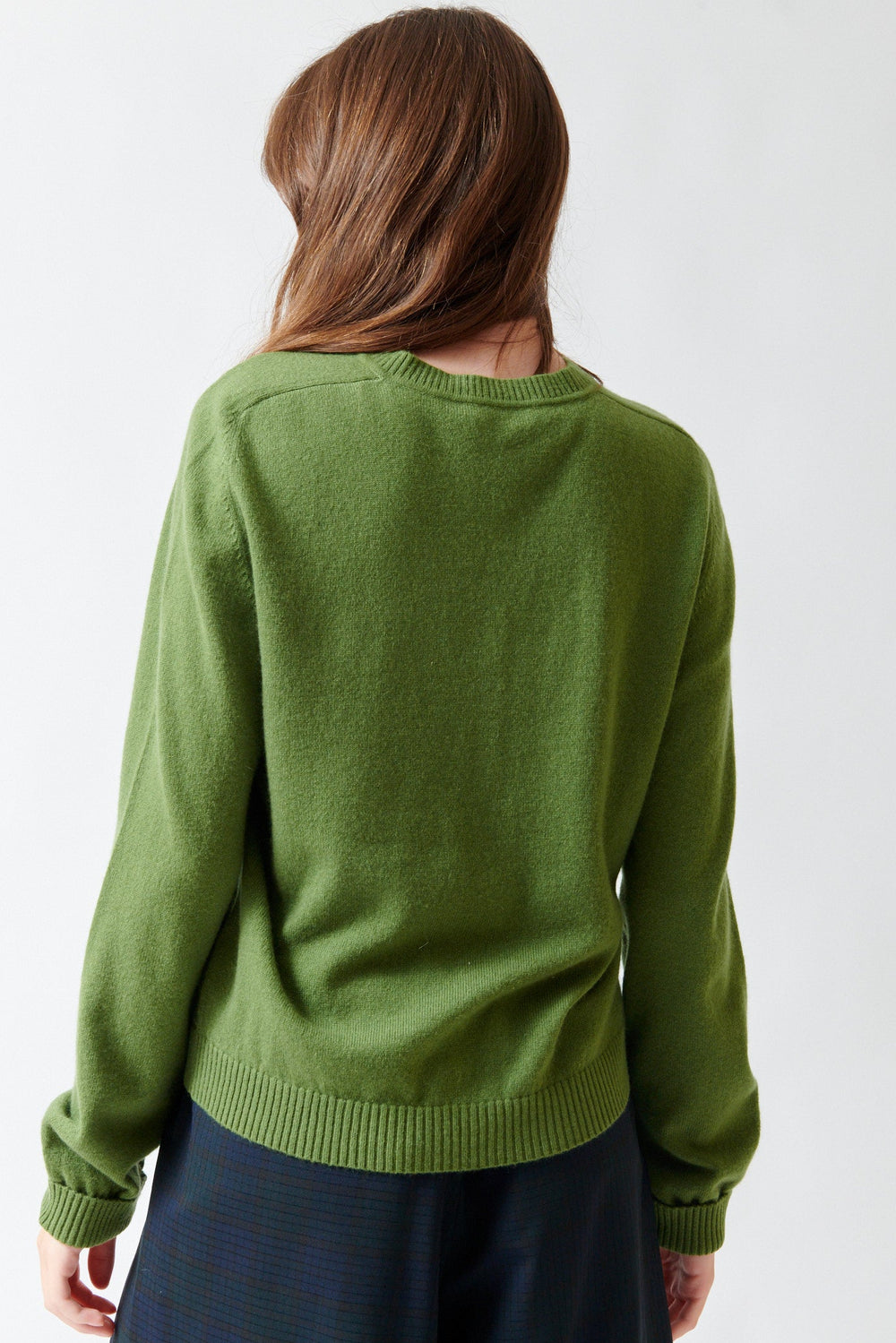 Angela wearing 6397 Crew Cardigan rear view