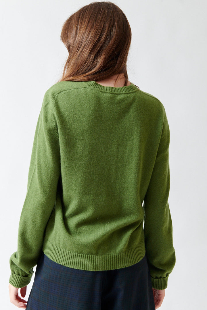 Angela wearing 6397 Crew Cardigan rear view