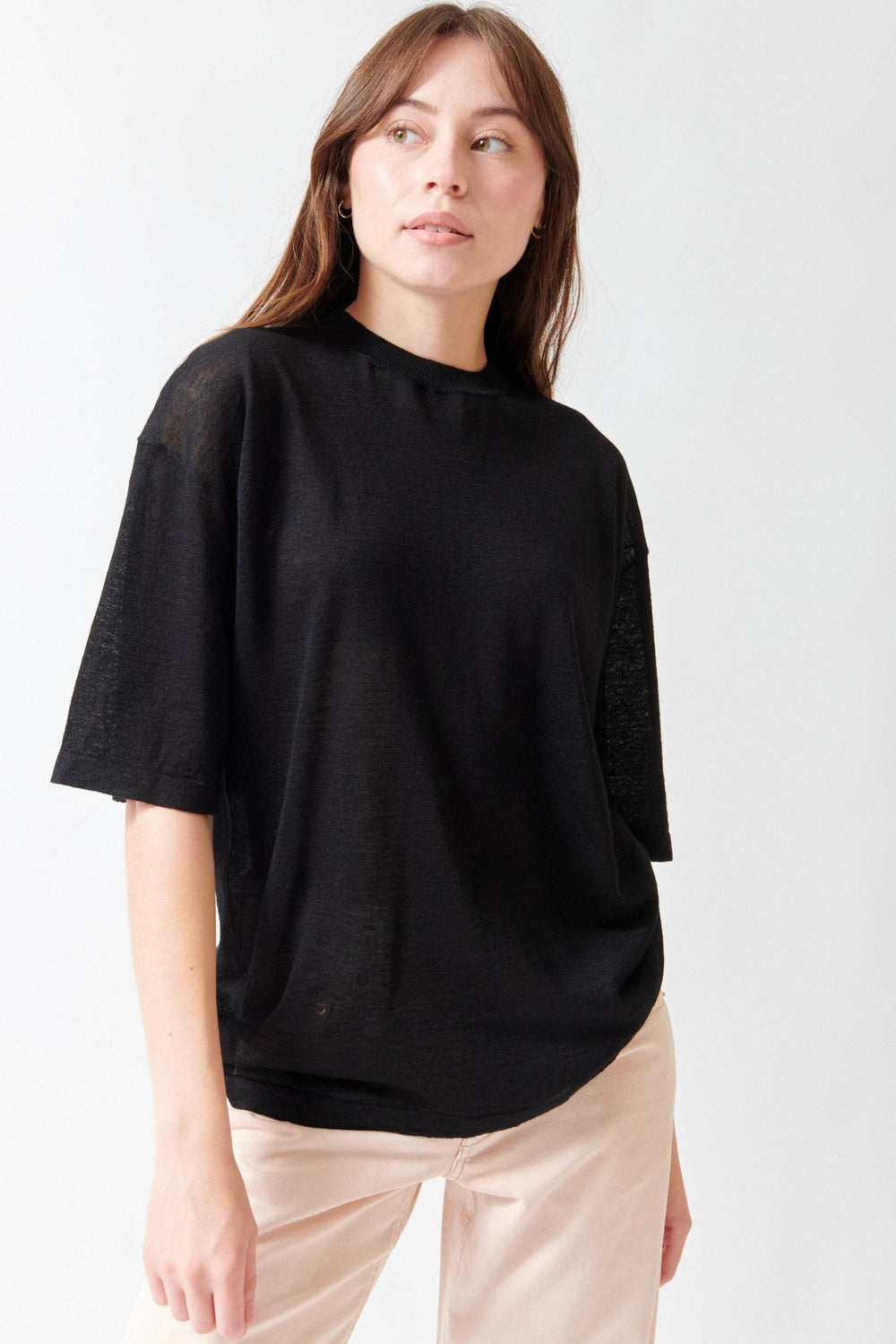 Angela wearing 6397 Big Knit T black front view