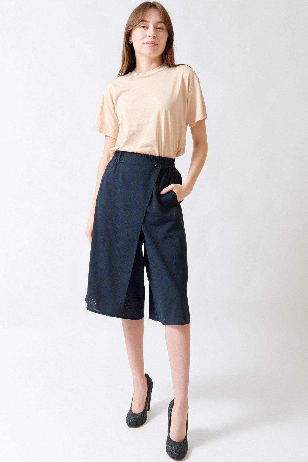 Angela wearing 6397 Wrap Short front view