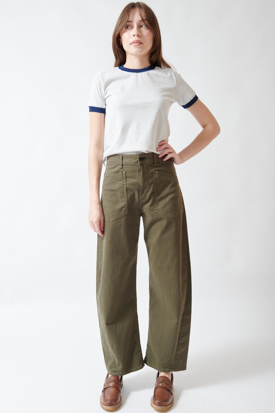 Angela wearing ASKK NY Twisted Barrel Pant front view