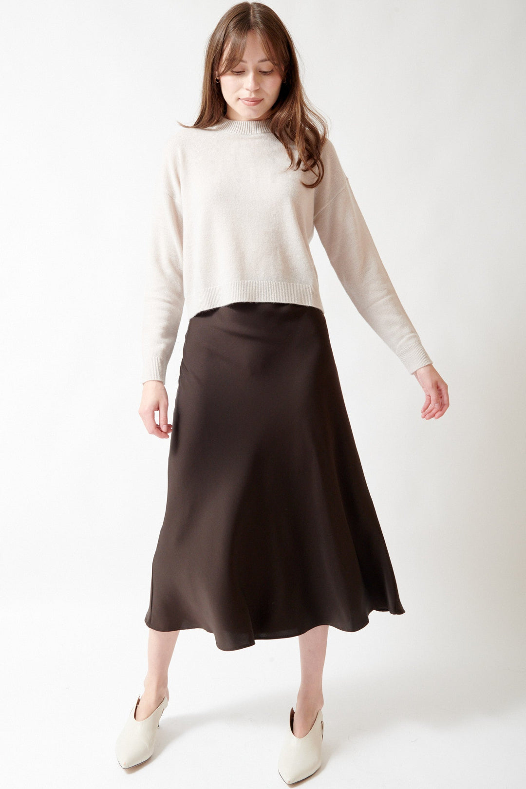 Angela wearing Allude Kate Slip Skirt front view