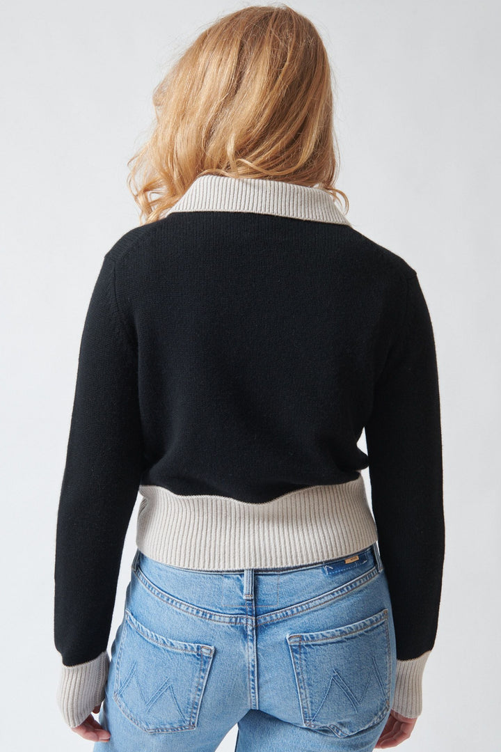 Model wearing Allude Full Sleeve Harper Collar Cardigan Black Fog rear view