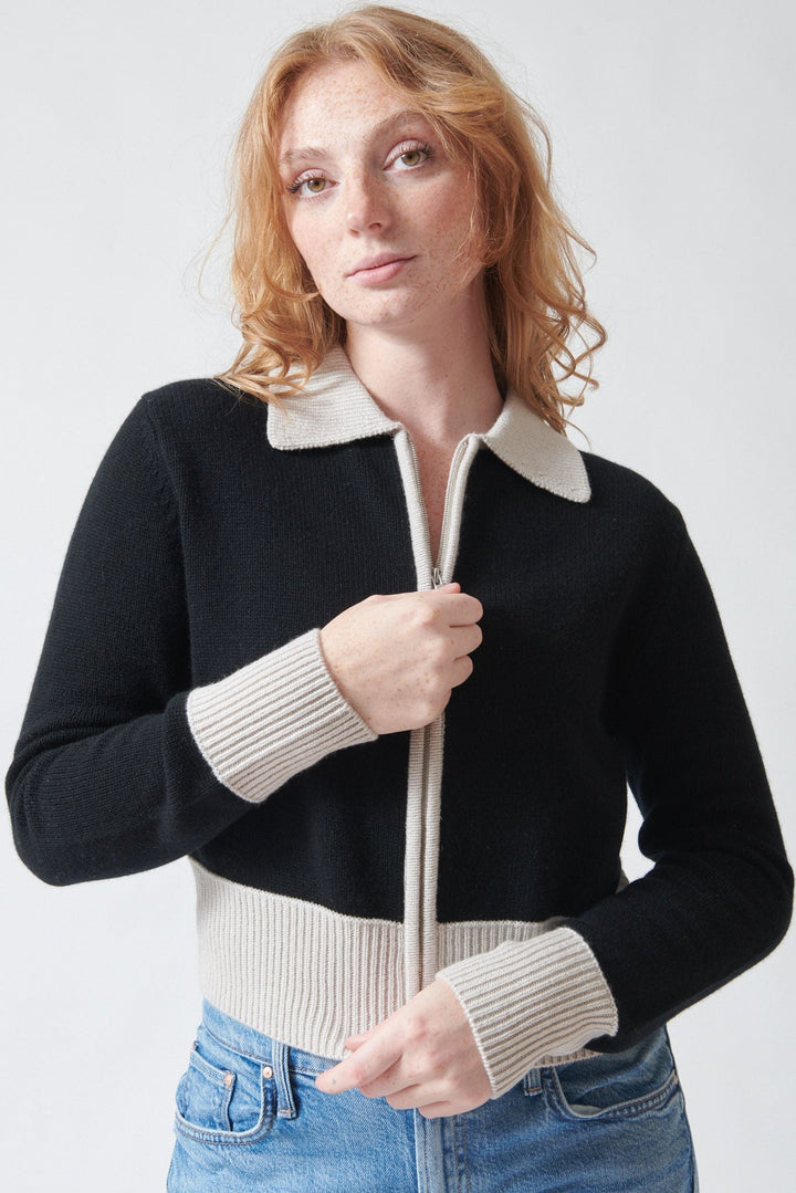Model wearing Allude Full Sleeve Harper Collar Cardigan Black Fog front view
