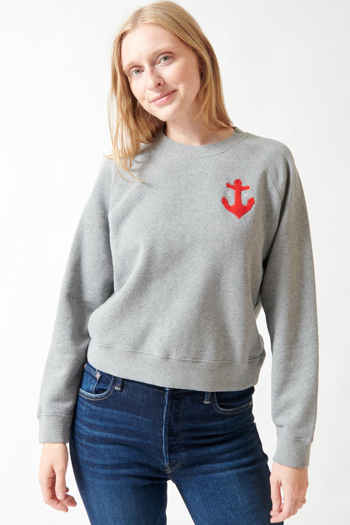 Madi wearing Clare V. Le Court Sweatshirt With Petit Chenille Anchor front view
