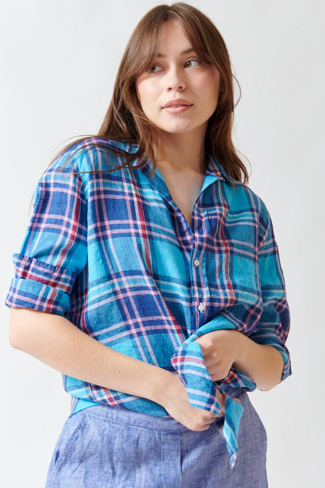Angela wearing Frank & Eileen Eileen Relaxed Button Up Shirt front view