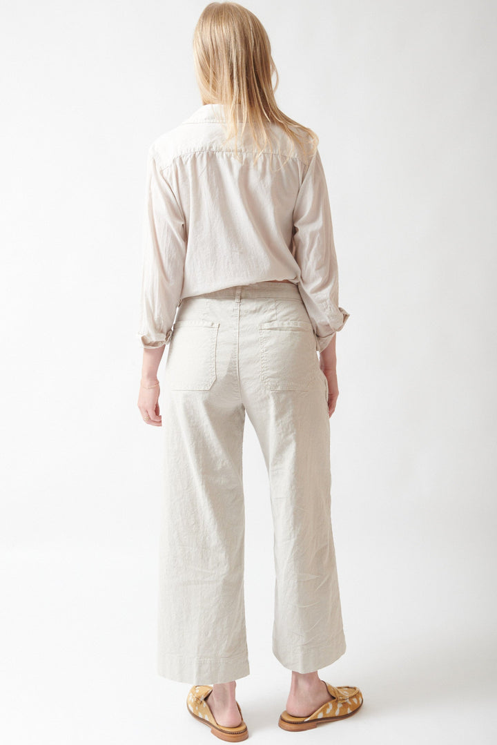 Madi wearing Frank & Eileen Limerick Wrap Pocket Pant Cement rear view